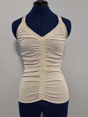Vintage White Beaded Ruched Tank Top Size S